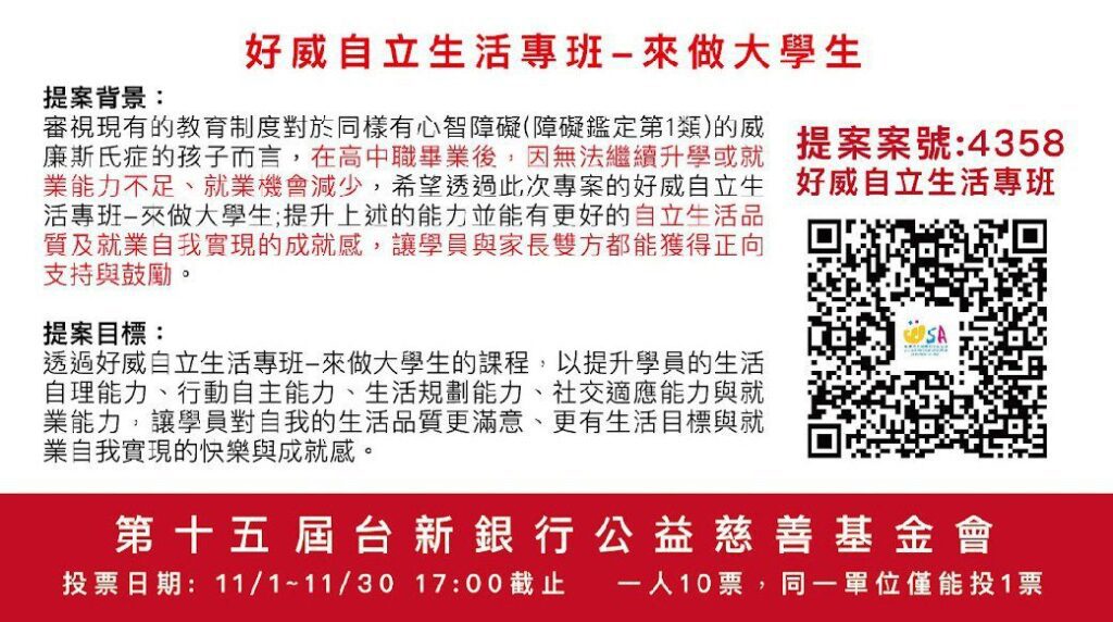 威廉斯氏症協會提案　支持威廉孩子自立生活專班　投票就在此刻