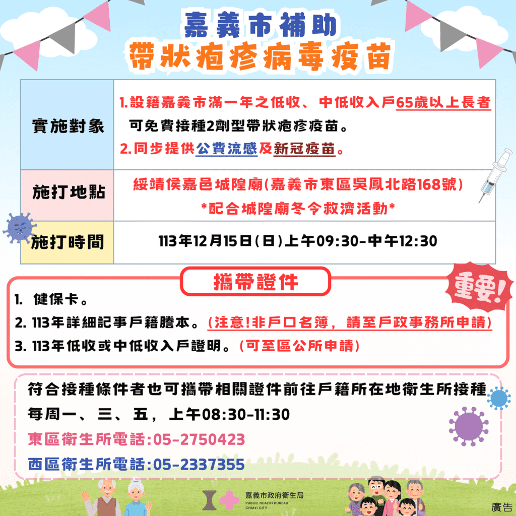 嘉義市衛生局配合城隍廟冬令救濟　提供弱勢長者帶狀疱疹疫苗接種