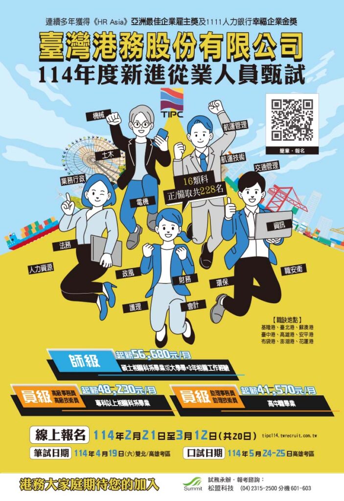基層員工起薪突破4萬元 臺灣港務公司114年擴大招募 甄試報名至114年3月12日17時止