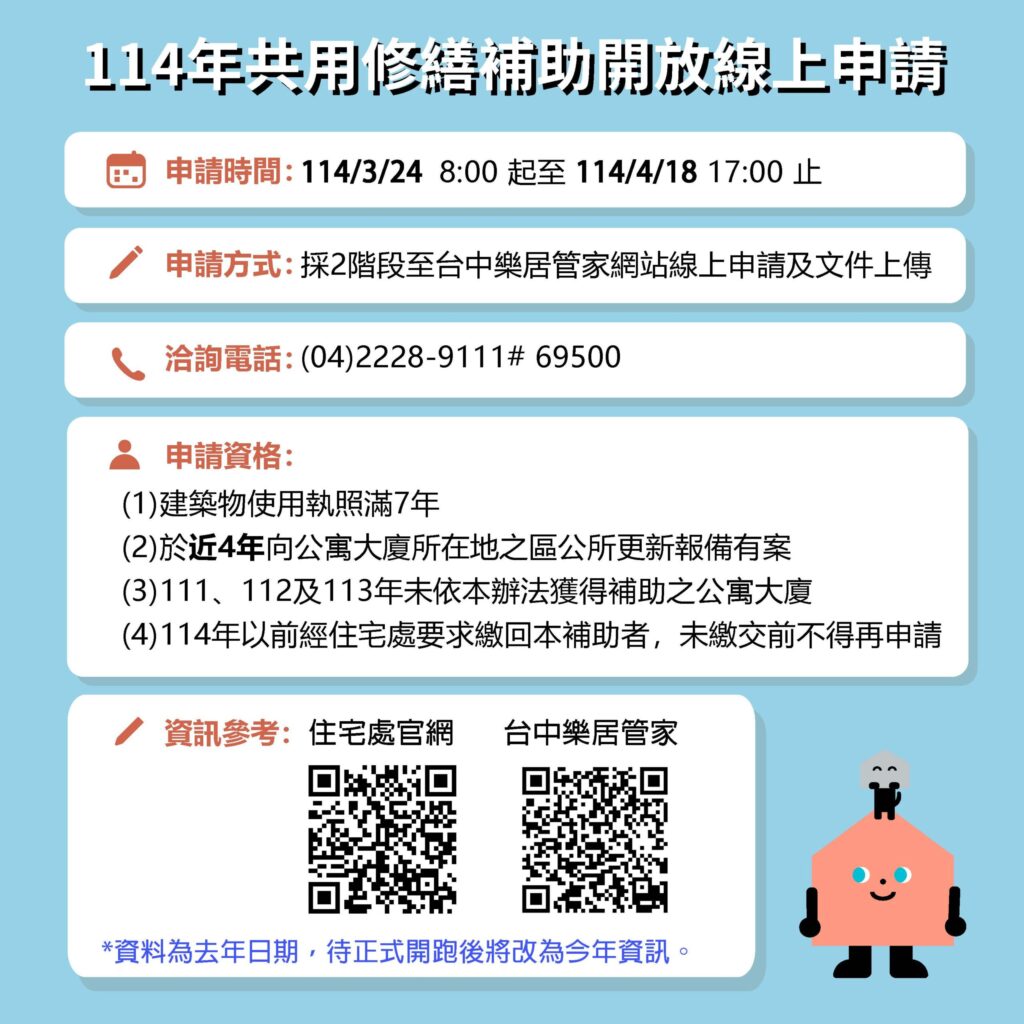 中市114年公寓大廈修繕補助3/24開跑 線上申請更便捷