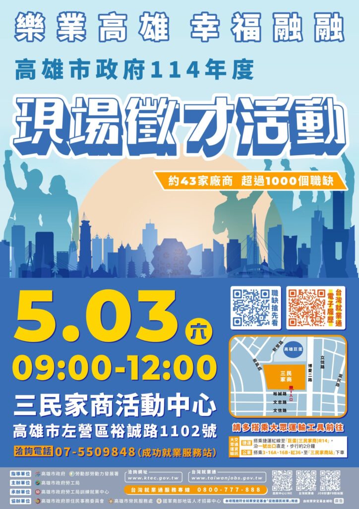 高雄逾千工作機會徵才　5/3上午緊來三民家商面試