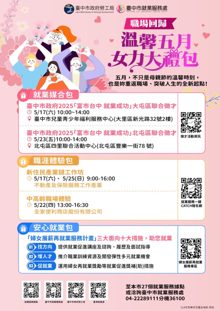 打造性別友善就業環境! 中市勞工局母親節獻上「重回職場女力大禮包」