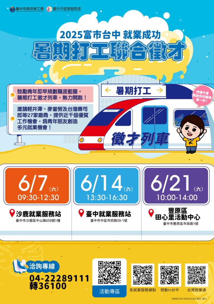 暑期打工徵才列車出發! 中市勞工局邀27家廠商辦理3場次徵才
