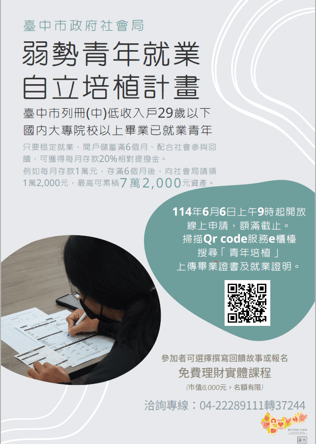 穩定就業最高補助1.2萬元　中市弱勢青年就業自立培植計畫6/6開放申請