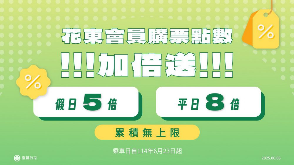 行政院關懷花東交通-台鐵加碼推出花東會員回饋最高八倍點數