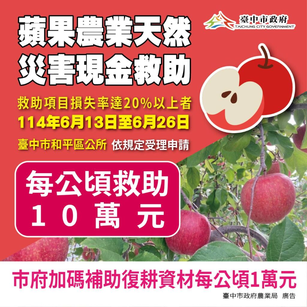 中市和平區蘋果災損- 6/26前可申請現金救助