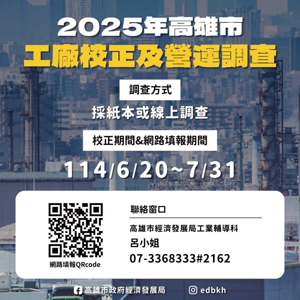 高雄市工廠校正與營運調查6月20日啟動　網路填表快速方便