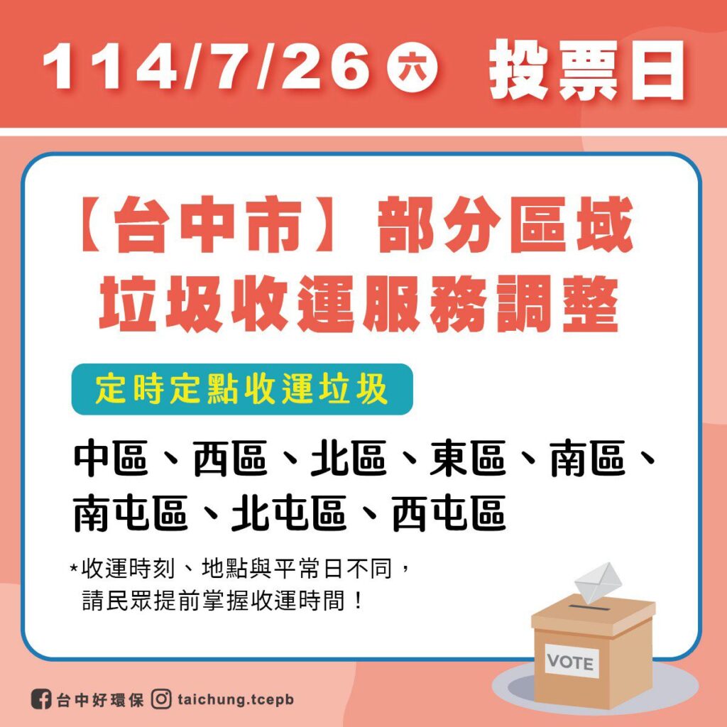 7/26立委罷免投票日　中市8區垃圾收運採定時定點