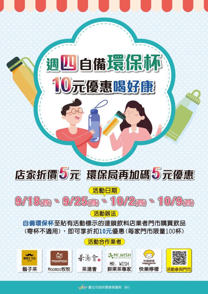 自備環保杯現折10元！北市5大飲料店每週四限量優惠
