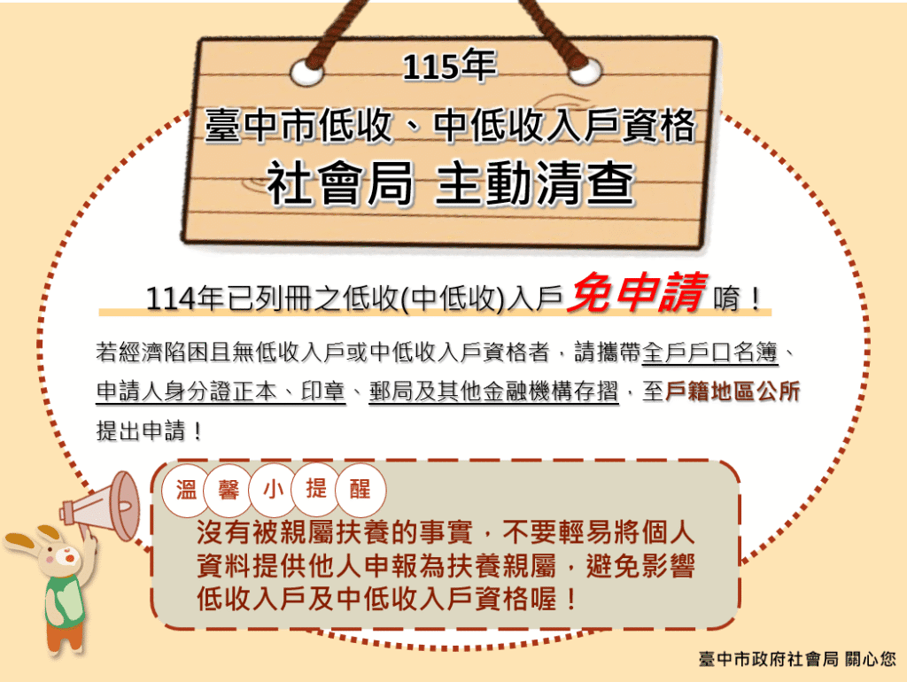 免申請更放心　中市府10月起主動審查低收、中低收入戶資格