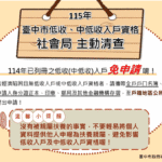免申請更放心　中市府10月起主動審查低收、中低收入戶資格