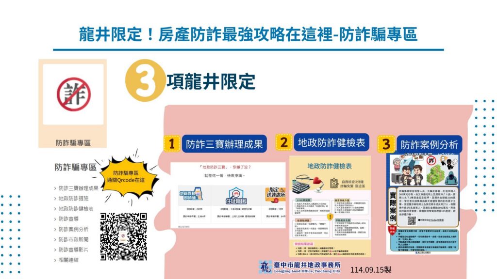 秒拆詐騙招、顧好不動產！　中市龍井地政防詐專區上線