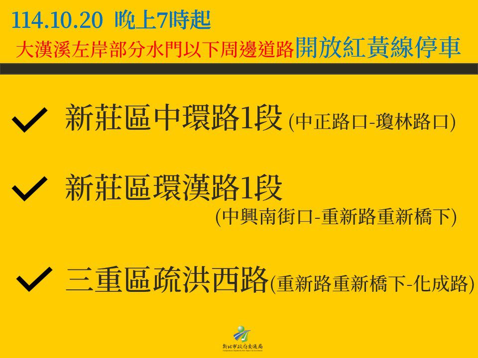 新北自今日19時起 大漢溪流域左岸及淡水河流域部分水門 周邊紅黃線開放停車