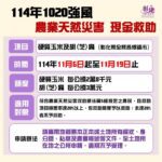 經農業部公告本縣因「114年1020強風」致硬質玉米及胡(芝)麻受損已符合農業天然災害現金救助標準，114年11月6日起至11月19日前符合規定農民朋友請儘速申請救助