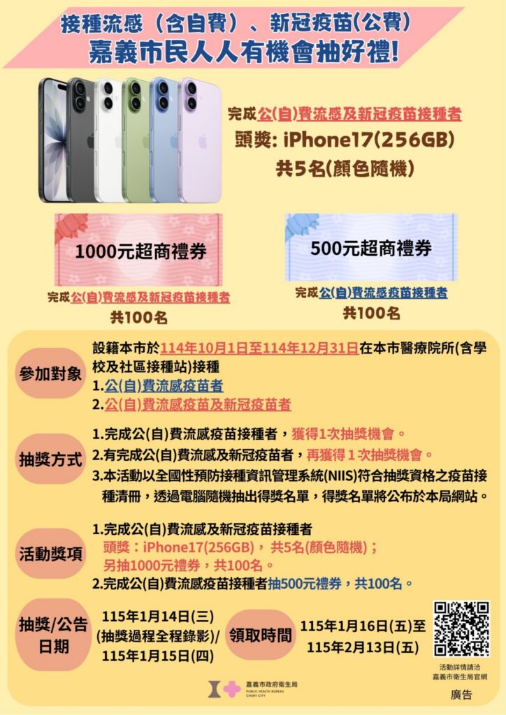 嘉義市12/6開設流感、新冠疫苗快打站　接種就送好禮