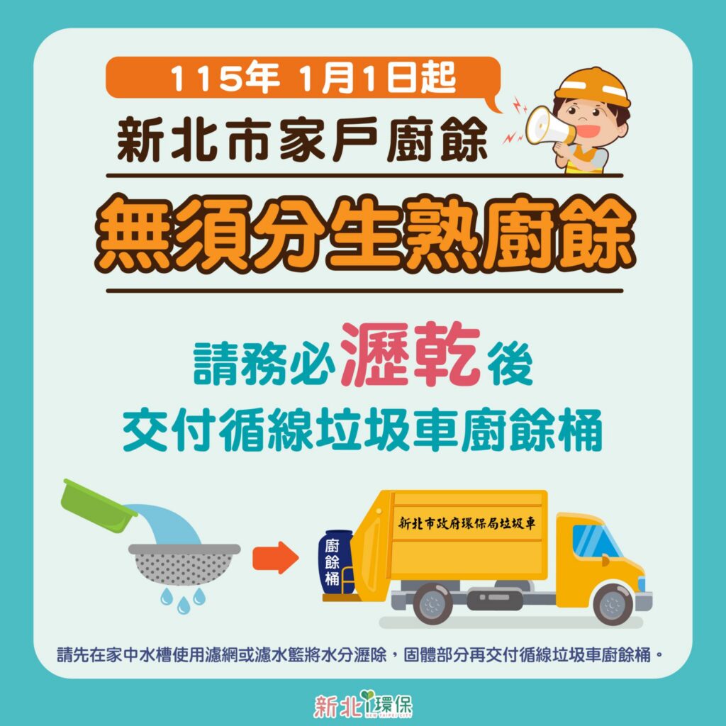 115年1月1日起　新北家戶廚餘交付收運　無須區分生熟廚餘