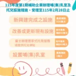 投縣府鼓勵設置員工哺(集)乳室最高補助2萬元　興建托兒設施最高補助500萬元　即日起受理事業單位申請