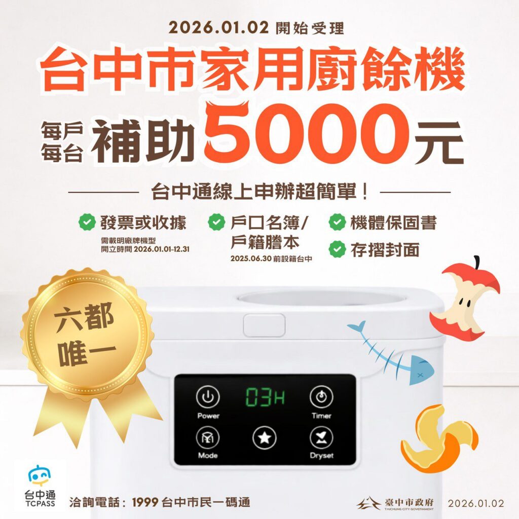 全國最多!台中廚餘機補助萬台 首日受理即破2,000件 市府嚴審防卡位