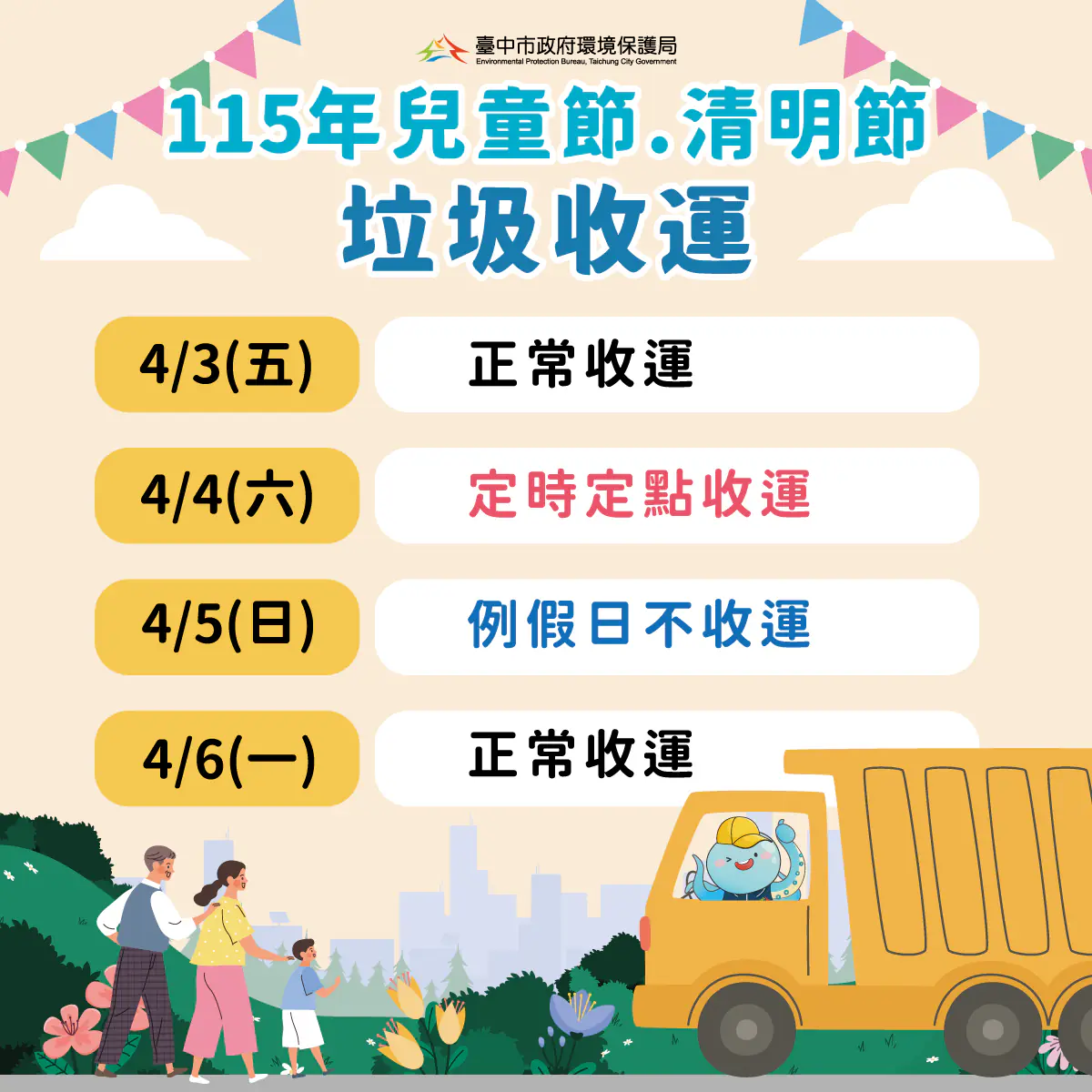 清明連假垃圾收運服務調整　4/4採定時定點