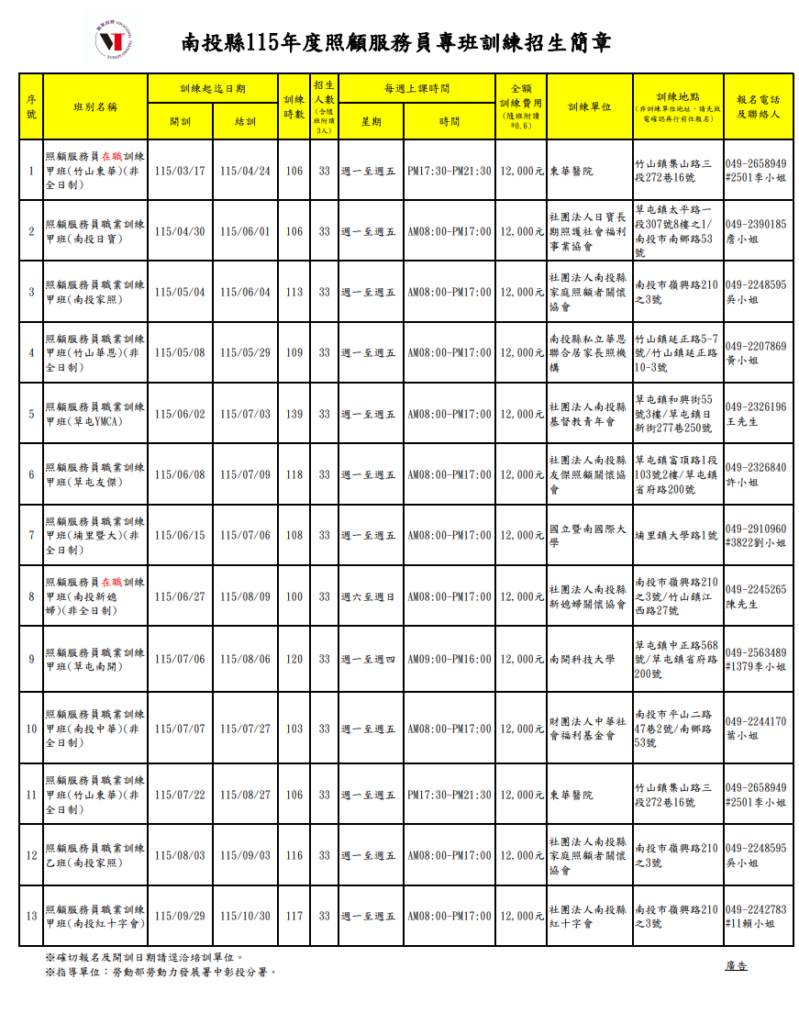 南投縣照服員專班訓練開始受理　歡迎踴躍報名