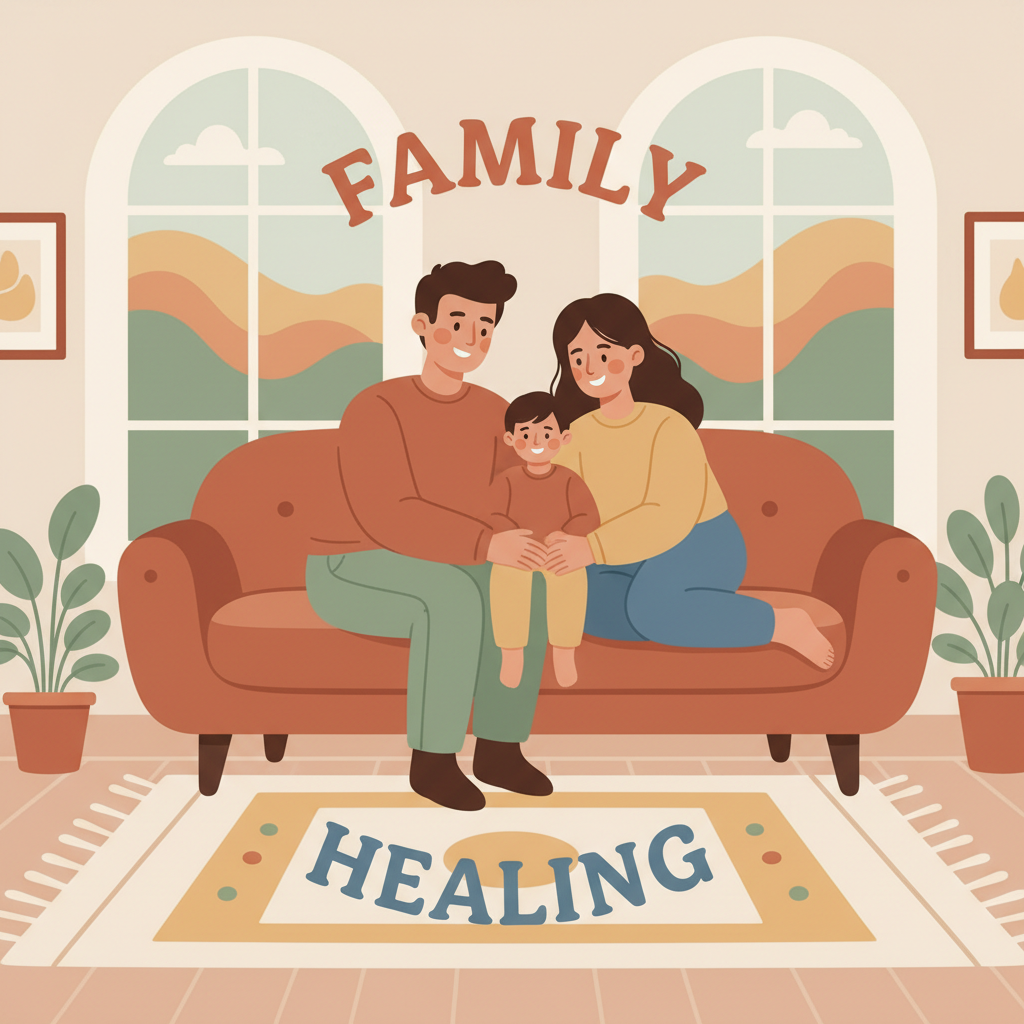 家庭關係修復，母子和諧共處的溫馨示意圖。