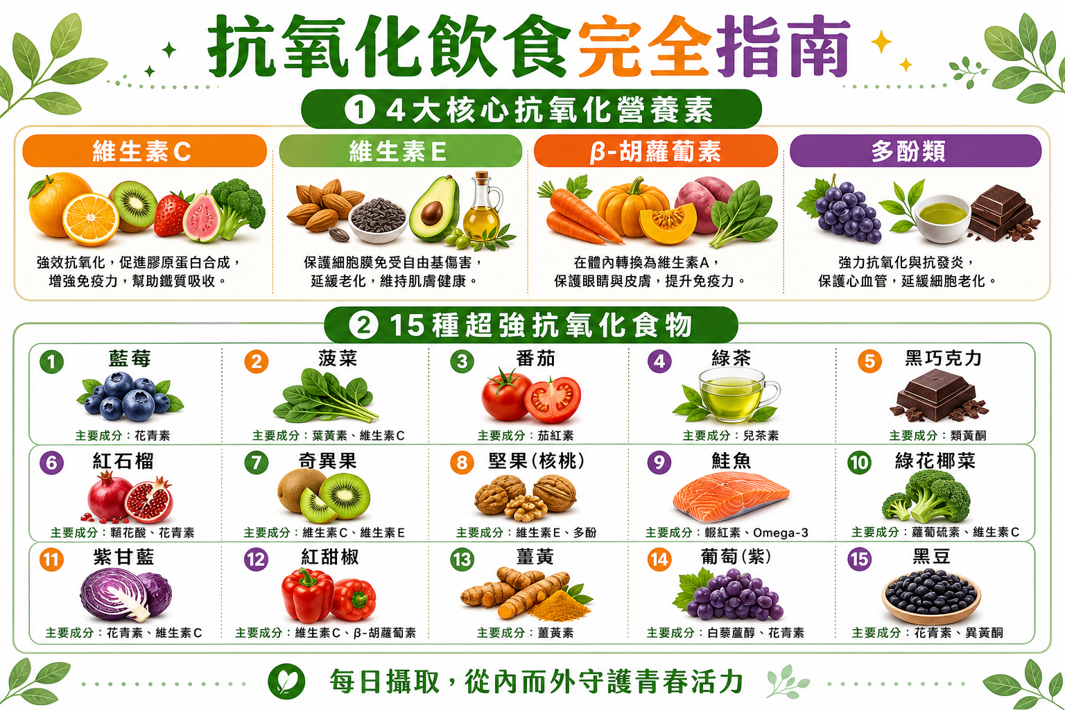 抗氧化飲食完全指南:15種超強食物+4大營養素,從內而外守護你的青春與活力!比較圖表
