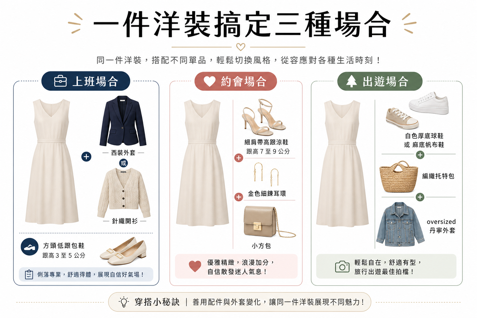 顯瘦又顯高！小個子、微胖體型都適用的懶人穿搭公式，一件洋裝搞定上班、約會、出遊所有場合